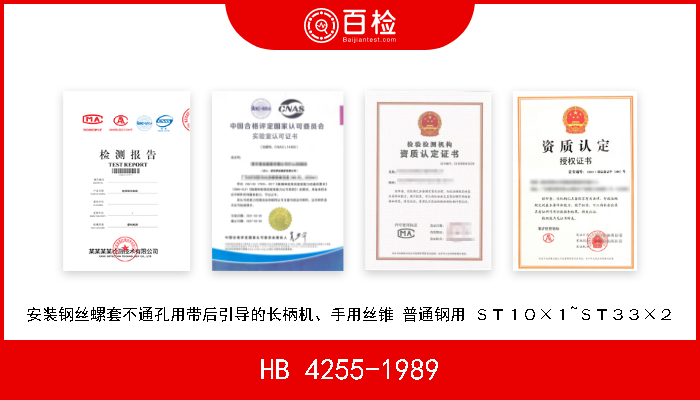 HB 4255-1989 安装钢丝螺套不通孔用带后引导的长柄机、手用丝锥 普通钢用 ＳＴ１０×１~ＳＴ３３×２ 