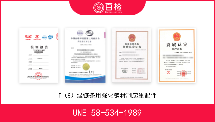 UNE 58-534-1989 T（8）级链条用强化钢材制起重配件 